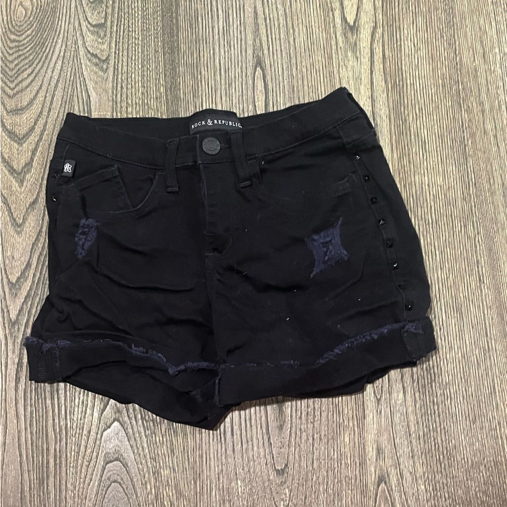 Rock & Republic Womens Bumpershoot Shorts Frayed Distressed Studded Black Size 4